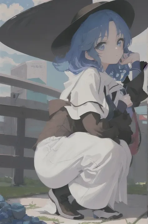 anime - style image of a woman with blue hair and a hat, bending over, 美丽的the anime girl is crouching, extremely detailed artger...