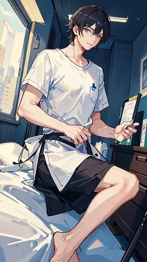 (Highest quality)), ((masterpiece)), (detailed),The background is the bedroom、Doctor in the examination room、Cardiac surgeon、A man around 35 years old、A man with waist-length black hair tied back、Wearing a white T-shirt,Eye color is a calm blue、Location: H...