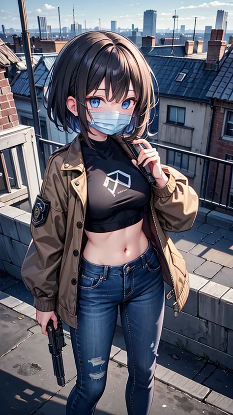 A girl wearing mask, brown short hair, a pistol in his hands, wearing a synthetic black crop top with a brown jacket and blue jeans, blue eyes, standing on a rooftop,centre of image.