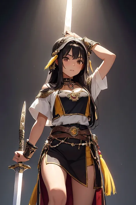 15 year old girl. Inca priestess clothing. Pendant with a crystal on his neck. Semi-long straight black hair styled. Brown eyes. Transparent clothing. Holding a sword in combat position. 