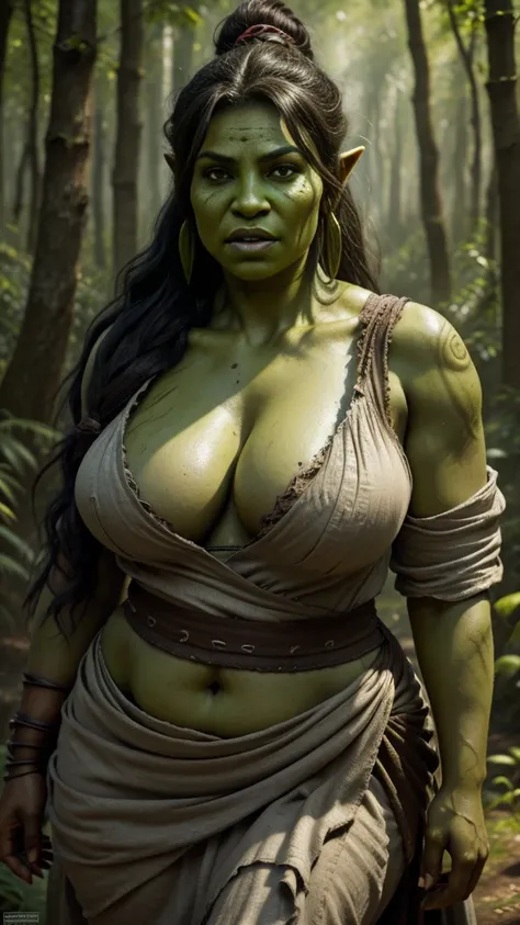 Young orc woman, female orc, chubby, fearsome, walking in the forest, overweight, dirty hair, ((green skin)), skin imperfections, skin dentation, detailed eyes, big saggy breasts, wide hips, round belly, sharp Focus, ultra high quality, voluptuous, crazy d...