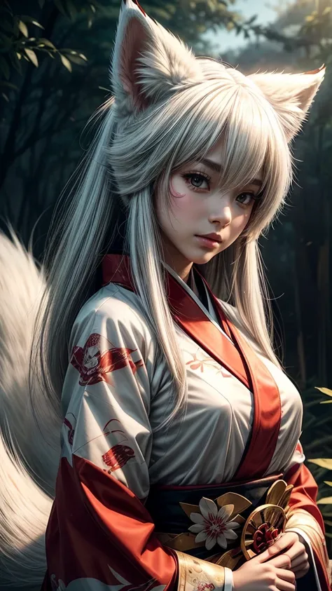 Anime girl with white fox mask and red kimono, with kitsune fox mask, Kitsune Mask on head, Beautiful fox, Kitsune Mask, Beautiful kitsune woman, narrow, White-haired fox, wearing a Kitsune Mask, beautiful anime foxgirl, Amaterasu, Ruponmyoji, white fox an...