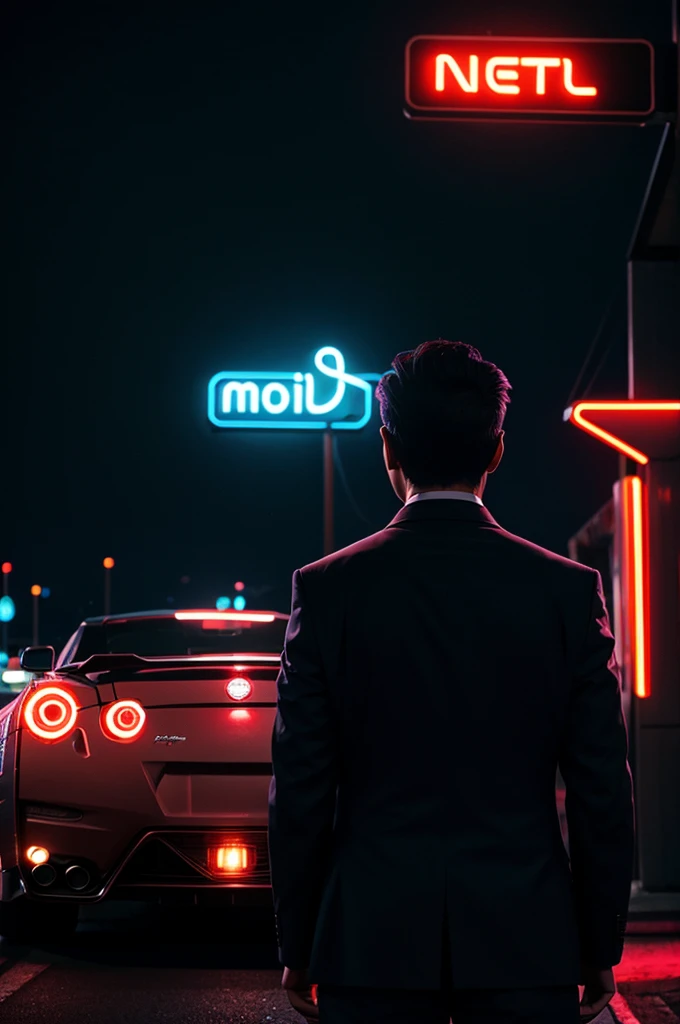 A man in a suit stands facing a neon-lit motel sign, with a Nissan GT-R parked nearby.  creating a mysterious and atmospheric vibe. The back of the car shows its distinctive tail lights, and the man carries a jacket over his shoulder, adding to the retro a...