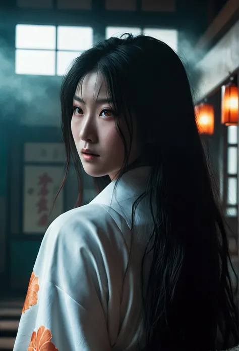 Sadako、White kimono、The face is hidden by the hair、A dark and dilapidated gymnasium、Photorealistic、Trending on Art Station、Stunning visuals、Thick Fog、creative、Cinematic、Super detailed、Atmospheric、Ambient Lighting、Scary Art、low quality、Heavy film grain、Low ...