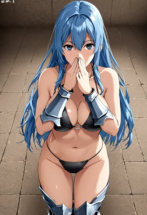 human, ((1girls)), 25 years old, Long Hair, Blue hair, black eyes, knight bikini armor, large breast M, 1m75, deserted, ((Takeda Hiromitsu style)), black cock, cock, big cock, ((POV anal)) cover your mouth, cover your mouth, shy,