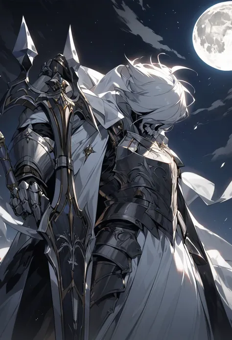 a man with a silver skull covering his entire face and head, wearing medieval Templar-style armor painted white, resting an enormously long sword on his shoulder, holding the handle with his right hand, all this while night reigns and the moon can be seen ...