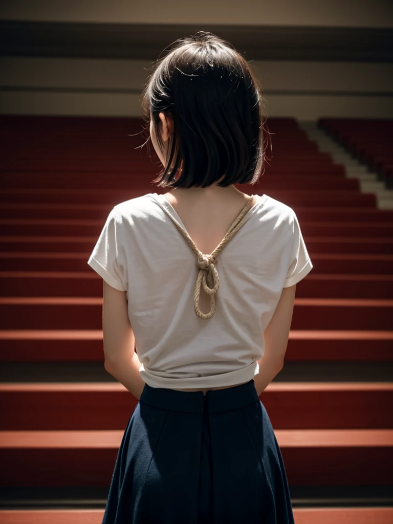 Woman tied up with rope、Hands tied behind back、bondage、beauty、２５talent、Browsing Caution、Well-balancedプロポーションの体格、Balanced Eyes、Well-balanced足;、Small breasts、Small Ass、Wearing a short-sleeved shirt、Wear a long skirt、Audienceを見る、Put your hands behind your bac...