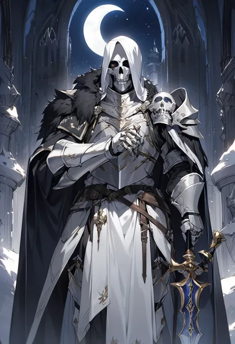 a man with a silver skull covering his entire face and head, wearing medieval Templar-style armor painted white, resting an enormously long sword on his shoulder, holding the handle with his right hand, all this while night reigns and the moon can be seen ...