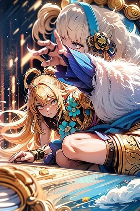 arafed image of a female anime character with long blonde hair, beautiful androgynous prince, Genshin Impact impact character, keqing from Genshin Impact impact, Inspired by Lee Knight, Delicate hermaphroditic prince, Genshin Impact impact style, Maxwell R...