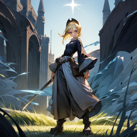 1girl, Full body version, 1character, black eyes, long Frizzy haircut, blonde colour hair, medieval clothing, long pants, headband, boots, Grassroots, full background in field town, motion blur, lighting, (one piece art), standing poses, sword in hand, blu...