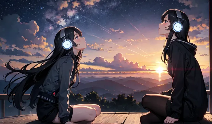 sunset、hill、cloud、Long Hair、woman、Sitting、silhouette、Directly in front、Beautiful starry sky、Looking up at the sky、The wind is blowing、Wide sky、Headphones