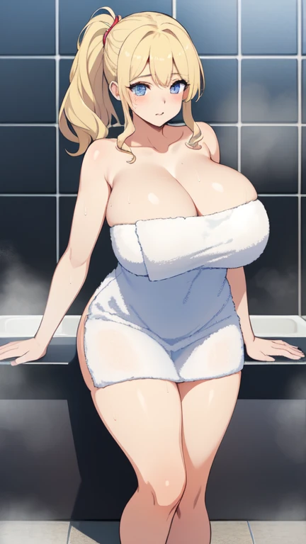 ((Highest quality)), ((masterpiece)), (detailed), 
((Very huge breasts))
((Very thick thighs))
((fleshy young woman))
(Tall)
(cleavage)
(Short Blonde side ponytail hair)
Blue eyes
Standing
(((bath towel only)))
(((Shoot from front)))
Japanese 
bath time
To...