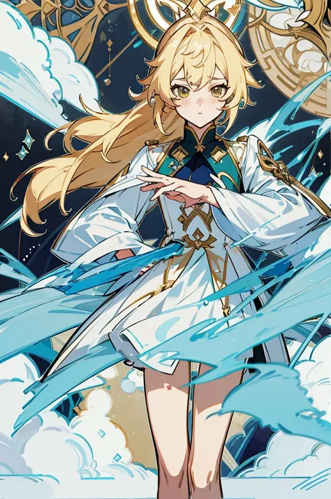 arafed image of a female anime character with long blonde hair, beautiful androgynous prince, Genshin Impact impact character, keqing from Genshin Impact impact, Inspired by Lee Knight, Delicate hermaphroditic prince, Genshin Impact impact style, Maxwell R...