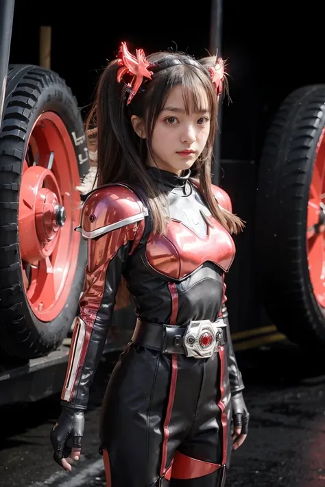 1girl, solo, 8k， top，hentail realism、front lighting，kamen rider scarlet_sun。metallic body，crimson shone with a silver glow、wear ...