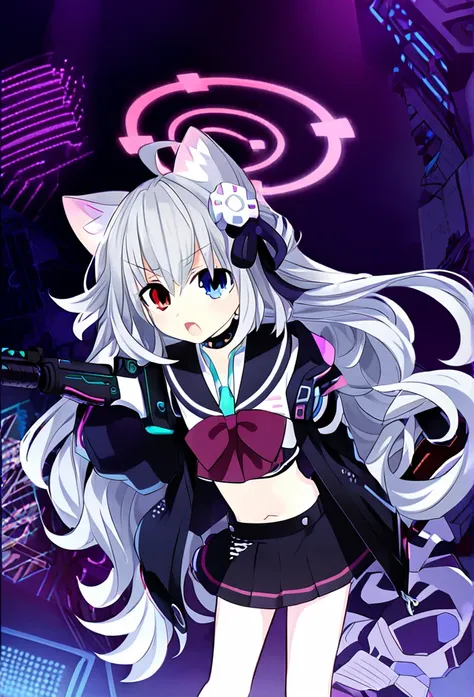 ((1girl)), ((grey hair)), cute, a female anime character holding two guns,【 sciart 💙💜 mson, coilgun, wavy long hair, cat-eared h...