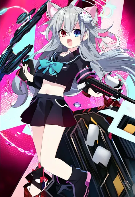 ((1girl)), ((grey hair)), cute, a female anime character holding two guns,【 sciart 💙💜 mson, coilgun, wavy long hair, cat-eared h...