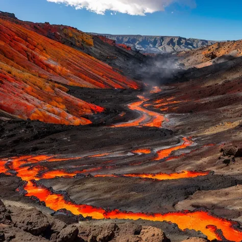 Blaze Canyon is characterized by its steep, rocky walls that are scorched and stained with various shades of red, orange, and black, evidence of the intense geothermal activity in the area. The canyon is riddled with lava flows, geysers, and hot springs, g...