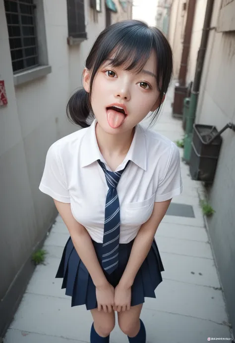 ,collared shirt,short sleeve,pleated skirt,tie,navy blue socks,(open mouth:1.5),(tongue out:2),dim,alley,stand,hands under the c...