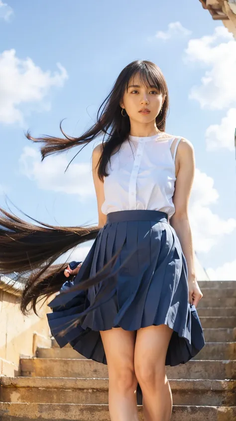 ((Viewing angle from below、Highest quality、masterpiece、32K、Every detail))、Descend the outdoor stairs、commute、Systemic symptoms、Traditional navy blue sailor uniform、White blouse、Pleated skirt、(((A strong wind blows my hair and skirt away:1.62)))、((I always ...