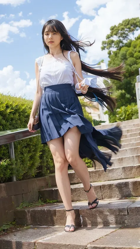 ((Viewing angle from below、Highest quality、masterpiece、32K、Every detail))、Descend the outdoor stairs、commute、Systemic symptoms、Traditional navy blue sailor uniform、White blouse、Pleated skirt、(((A strong wind blows my hair and skirt away:1.62)))、((I always ...