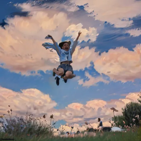  A dog jumping among the clouds