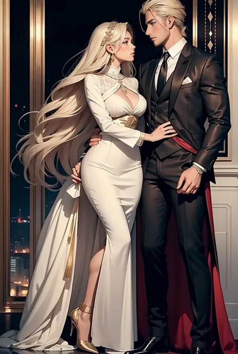 Tall, handsome, statuesque, masculine, adult man - golden-haired blonde, dressed in an expensive branded business suit, long straight platinum hair, blue eyes, long bangs, he hugs an incredibly beautiful young femme fatale blonde, she is wearing a luxuriou...