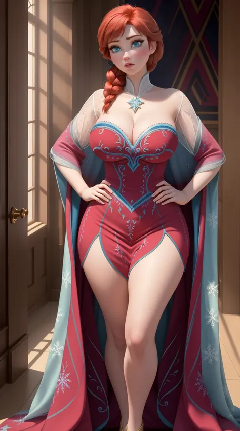 ,30 years old Anna from Frozen, woman, ((Masterpiece, best quality)), full body view, wide hips, bursting huge breasts, detailed skin, Anna from Frozen,  highly detailed, cinematic lighting, ultra realistic, blush, looking at viewer, Anna, Anna from movie ...