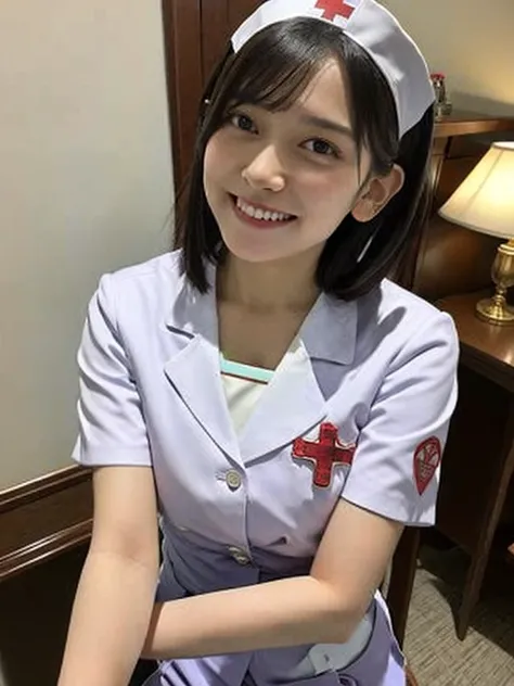 (8k, RAW Photos, Highest quality, masterpiece), (Realistic, photoRealistic: 1.37), Very detailed, Ultra-high resolution, Girl 1, , Beautiful and elaborate face, smile, teeth, (Feather Cut: 0.6), Nurse uniform, panties, Professional Lighting, Detailed room,...