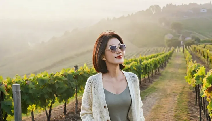 8k best picture quality, Beautiful 36-year-old Korean woman, Chest size 34 inches, Dawn in the northern Italian countryside, View of the cathedral next to the vineyards, The back background is realistic and vivid image quality, short medium hair, Wear a sh...