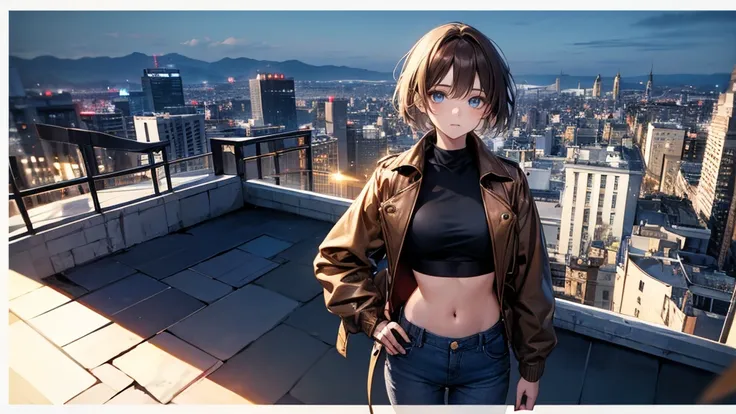 A girl wearing mask, brown short hair, a pistol in his hands, wearing a synthetic black crop top with a brown jacket and blue jeans, blue eyes, standing on a rooftop,centre of image,seeing towards viewers,half body shot,large image of girl.