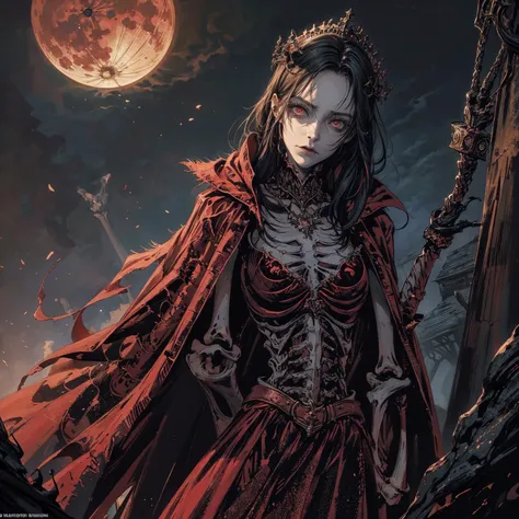 best quality, 4K, high resolution, masterpiece:1.2, Very detailed, actual:1.37, Mood lighting, An undead girl in a long cape, Torso and limb is skeleton bone but head is still beautiful human face, Wearing a ragged gothic skirt, Aloofness emotion, Dangerou...