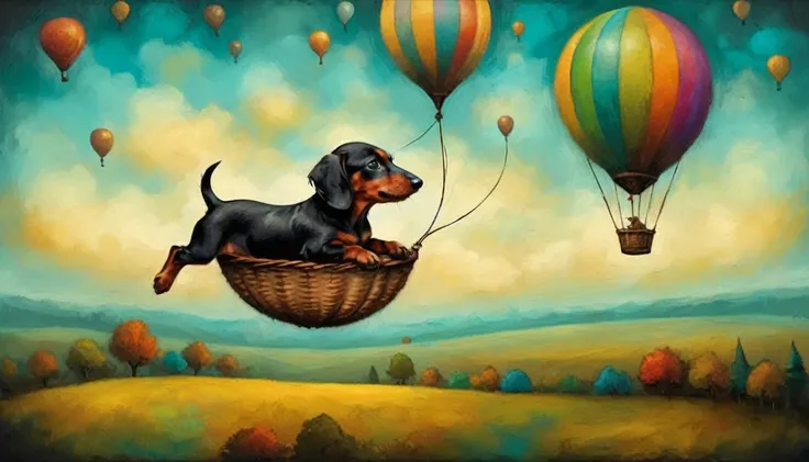 joy and fun: a dachshund puppy is flying in a balloon, (Andy Kehoe style), very colorful, ((palette of oil painting)), aesthetics, ((masterpiece)), extreme detail, expressionism, perspective, 8k