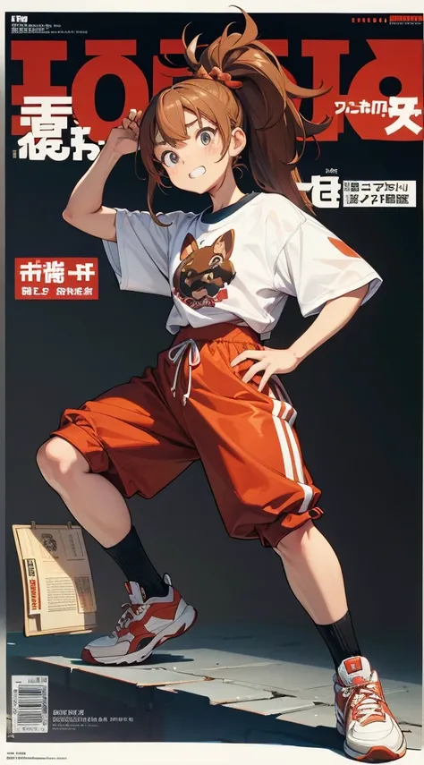 A character based on a chestnut boar, サイバーパンク, Wearing big sneakers, Magazine Cover, Simple Background, crouch start, long hair, ponytail, crazy, tsurime, crazy eyes, clenched teeth, projected inset, UHD, best quality, highres, 8k