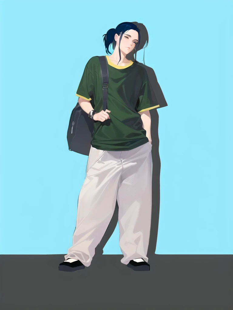 anime boy with backpack standing in front of a blue background, anime style character, wearing a baggy, young anime man, anime full body illustration, tall female emo art student, male anime style, in anime style, single character full body, anime boy, !!f...