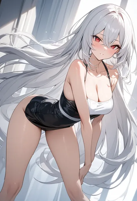 ((masterpiece)), (Highest quality), (Simple style), Silver-white hair, hyper-long, red eyes, short dress, bare shoulders 