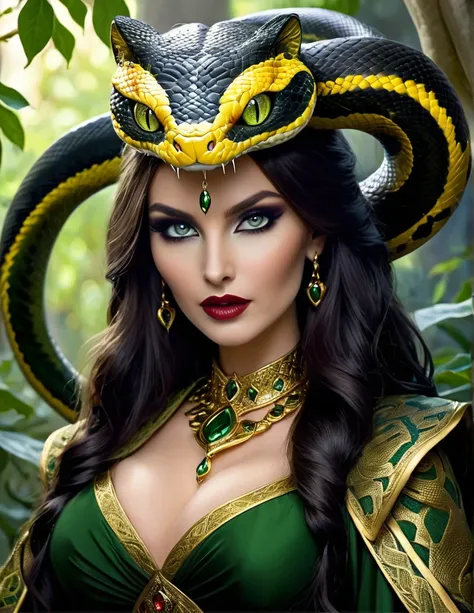 elegant snake priestess, serpentine features, mesmerizing golden eyes with slit pupils, delicate yet stern facial features, hidden venomous fangs, regal yet practical robed attire, feline grace with an underlying tension, embodiment of ancient Stygian myst...