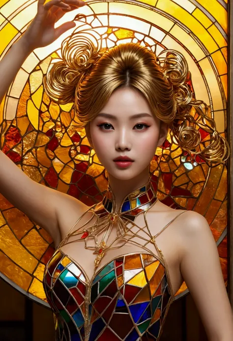 (masterpiece, Highest quality, Highest quality,Official Art, beautifully、Super Gold Hairstyle、aesthetic:1.2),(One girl:1.3), One girl BREAK stained glass art, Colored Glass, Lead wire, Light transmission BREAK Vivid colors, Intricate Design, Glowing effect...