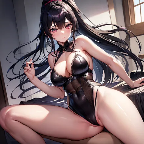 Big Breasts　Black Lingerie　Black Garterベルト　Black Garterストッキング　Thigh-high socks　(Highest quality、expensiveディテール:1.1、Very attractive adult beauty、Add vibrant highlight to your eyes、Backwards、look back、A beautiful woman with adult charm、Perfect Anatomy、Silver...