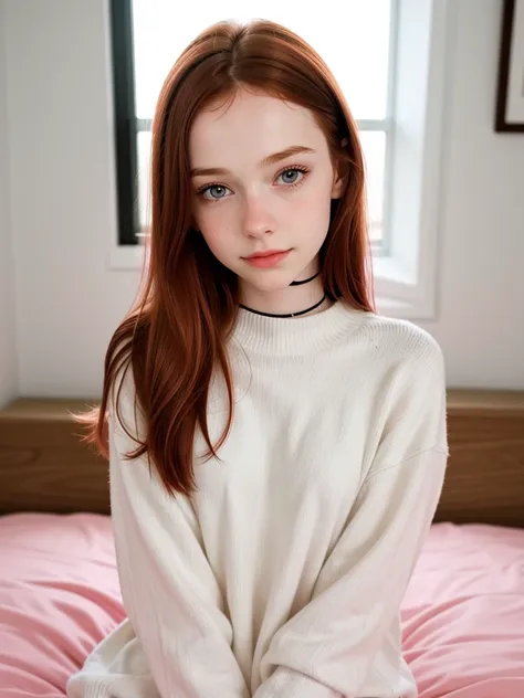 raw photo,(13yo skinny redhead girl:1.2), ((most cute in world girl)), blushing, graphic eyeliner, rouge, (lipstick:0.6), (choke...