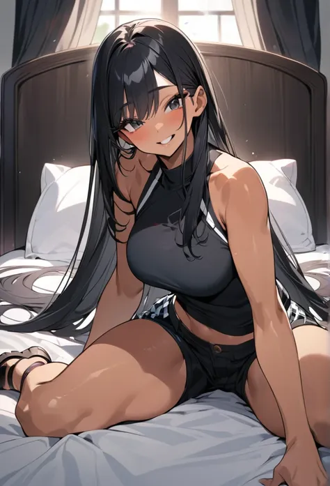 (anime style),masterpiece, best quality, extremely detailed,18Year old,tanned skin,dark skin, Beautiful tall body,baby face,Large breasts,BREAK,multicolored colorful black hair,flipped long hair,for head,BREAK,black eyes,best smile,open mouth,detailed lips...