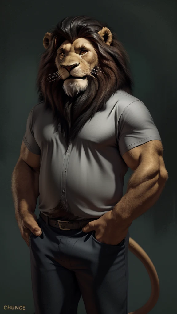 by chunie by catsudon by retros, male,upset,((annoyance)),((middle aged male)),((Bearded)),((Mustache)), felid, solo,(musuclar), ((Lion,tail)),(Black hair), facial hair, facing viewer, ((Highly detailed face)), (((daddy Figure))), ((smilling)), red and ora...