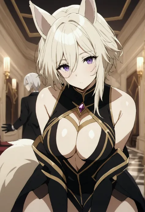 NSFW,masterpiece,Highest quality,High resolution,Very detailed,Zeta(I want to be a secret power！),Zeta,Animal ears、Purple Eyes、Blonde,short hair,gloves、Cleavage、tail、黒いgloves、Clothing cutouts、Cleavageの切り抜き,Luxurious mansion,Party Venue,table,noble