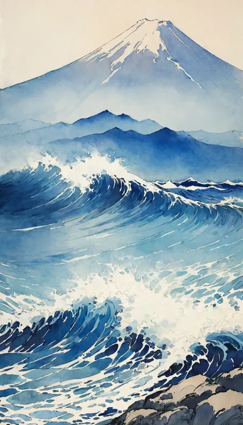 Katsushika Hokusai、vague、Mont、mount.Fuji and the Sea、Rough seas々beautiful、Ink and watercolor、Light toneonochrome