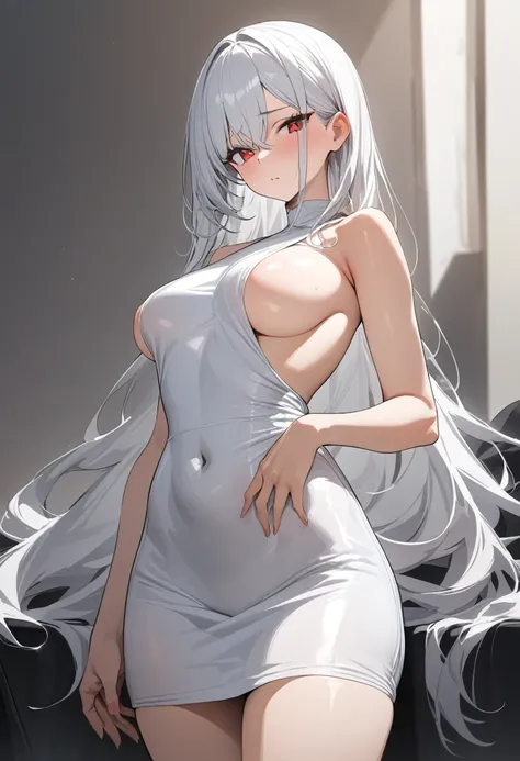 ((masterpiece)), (Highest quality), (Simple style), Silver-white hair, hyper long, red eyes, one-piece dress, bare shoulders, pubic hair, side boob