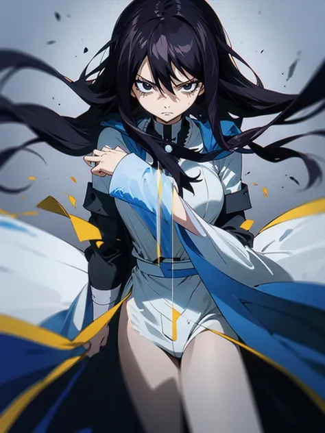 The image features an anime character with long black hair highlighted in blue. The characters have serious and calm expressions. They had large, clear black eyes and dark circles under them. They wore white robes over black high-collared shirts. The backg...