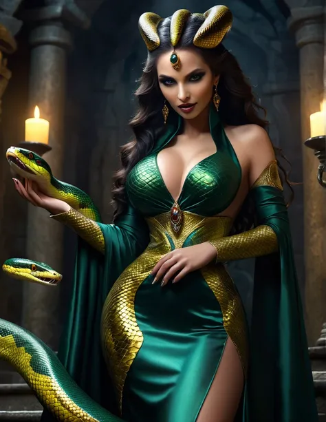 elegant snake priestess, serpentine features, mesmerizing golden eyes with slit pupils, delicate yet stern facial features, hidden venomous fangs, ebony serpent scales on her arms, hips, abdomen, regal yet practical robed attire, feline grace with an under...