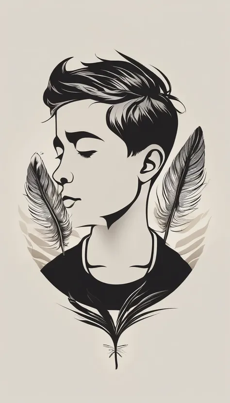 A minimalist, fantastic, poetic, dreamy, captivating, memorable, masterpiece, modern, simple logo design of a boy and a feather for the brand “Penamemoria". The logo must convey a sense of music, stories and dreams. Minimalistic logo design of a boy and a ...