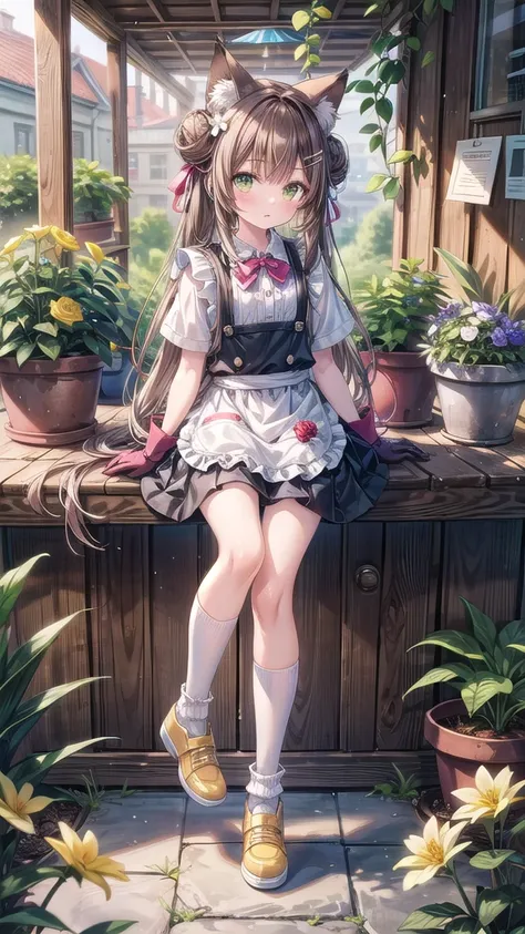 (masterpiece), 1girl, solo, animal, white flower, shirt, animal ears, flower, very long hair, collared shirt, hair bun, socks, long hair, black socks, gloves, green eyes, apron, holding, sitting, hair ornament, blush, parted lips, bangs, looking at viewer,...