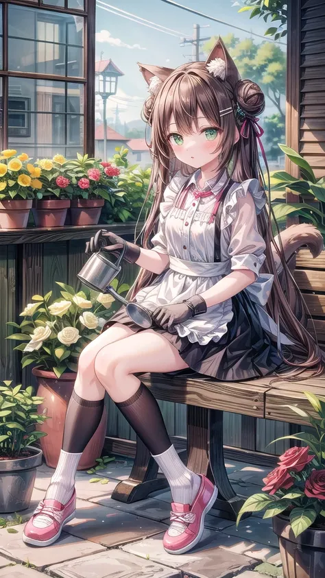 (masterpiece), 1girl, solo, animal, white flower, shirt, animal ears, flower, very long hair, collared shirt, hair bun, socks, long hair, black socks, gloves, green eyes, apron, holding, sitting, hair ornament, blush, parted lips, bangs, looking at viewer,...