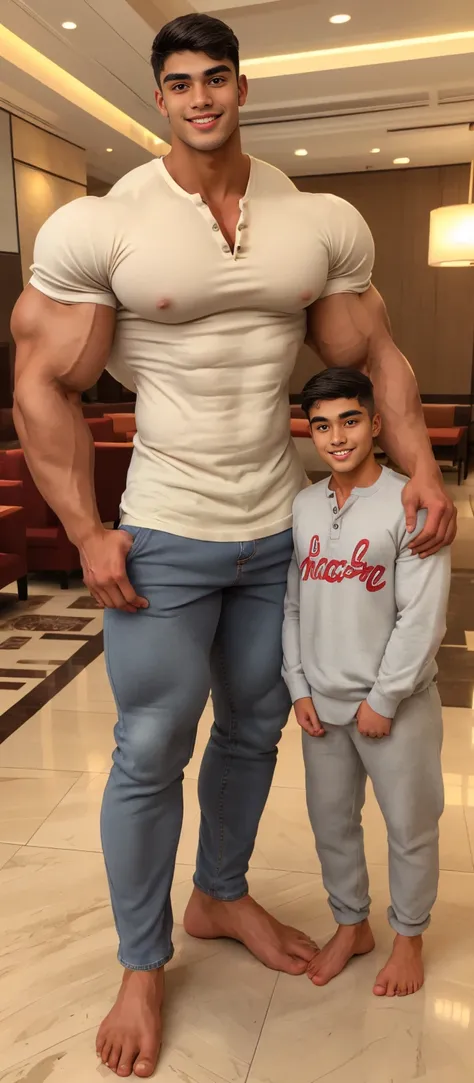 One man and one woman in a hotel lobby. Man is 20 year old freshman, Tanned skin handsome faced indian very young muscular male, very tall, 2.30 meters tall, 20 year old overweight  bodybuilder, school freshman in loose linen pants and loosev neck henley s...